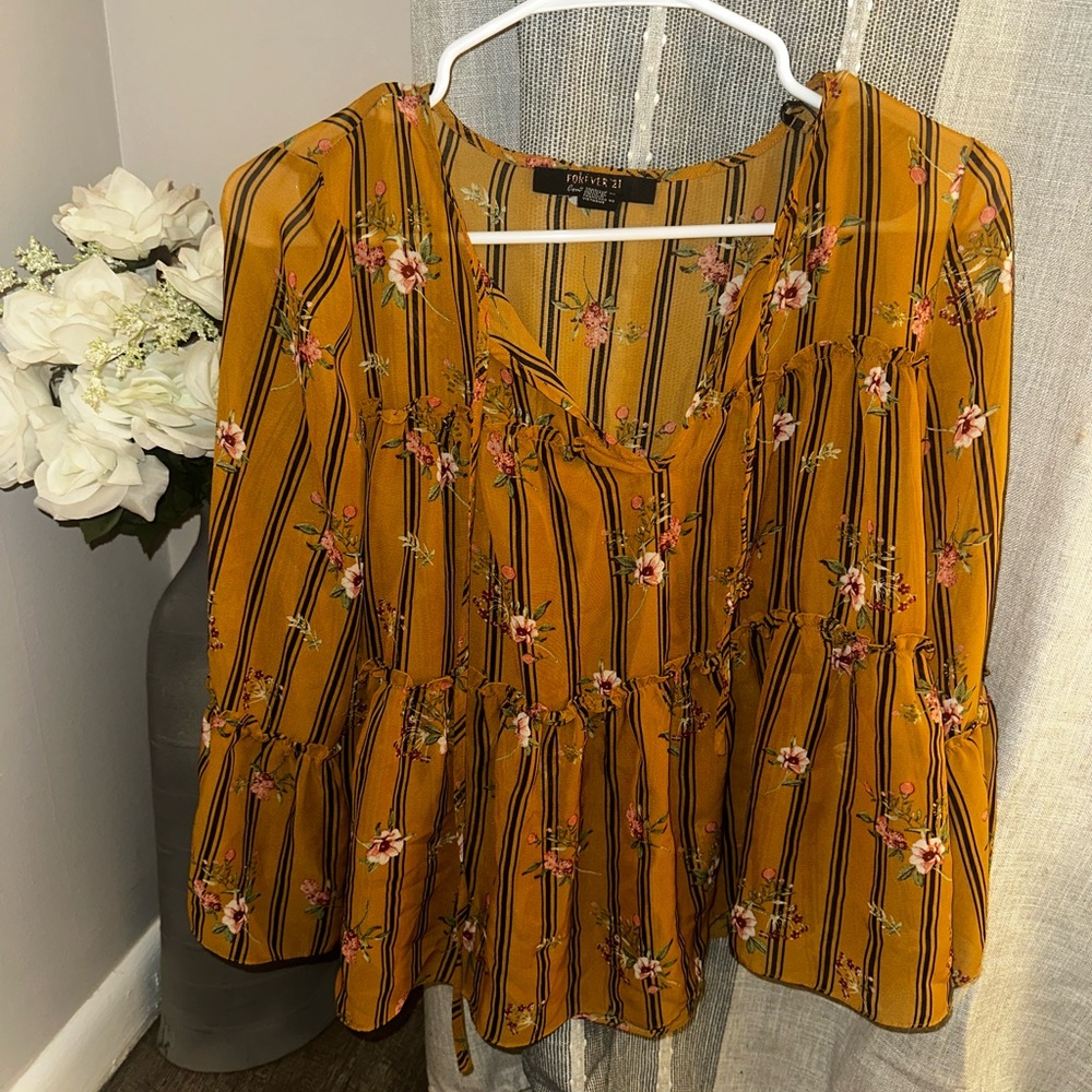 Forever 21 Mustard Floral Striped Women's Top